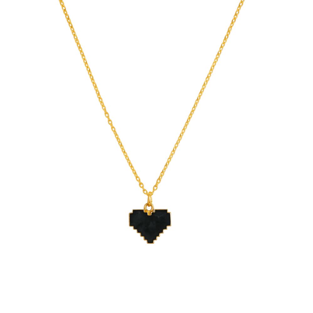 Pixel Love Necklace - Black Heart Pendant in Gold