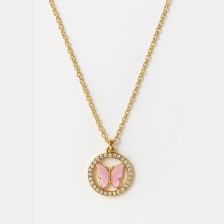 Crystal Flutter - Pink Butterfly Medallion Necklace